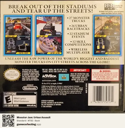 Monster Jam: Urban Assault Nintendo DS, NTSC box back