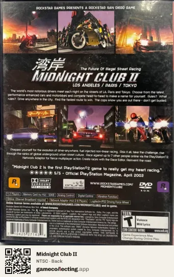 Midnight Club II PlayStation 2, NTSC box back