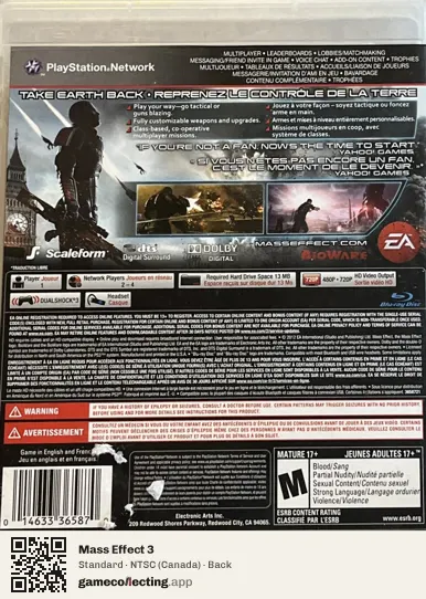 Mass Effect 3 PlayStation 3, Canada box back
