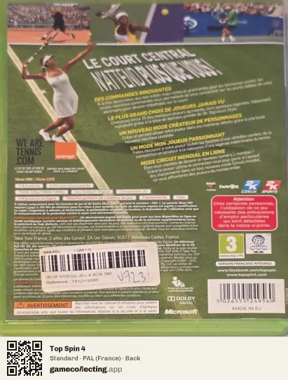 Top Spin 4 Xbox 360, France box back