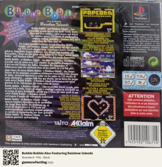 Bubble Bobble Also Featuring Rainbow Islands PlayStation, PAL box back