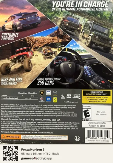Forza Horizon 3 Xbox One, NTSC box back