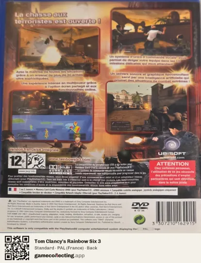 Tom Clancy's Rainbow Six 3 PlayStation 2, France box back