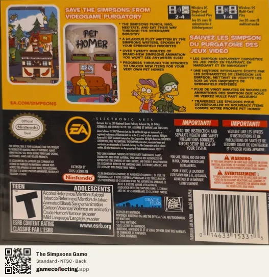 The Simpsons Game Nintendo DS, NTSC box back