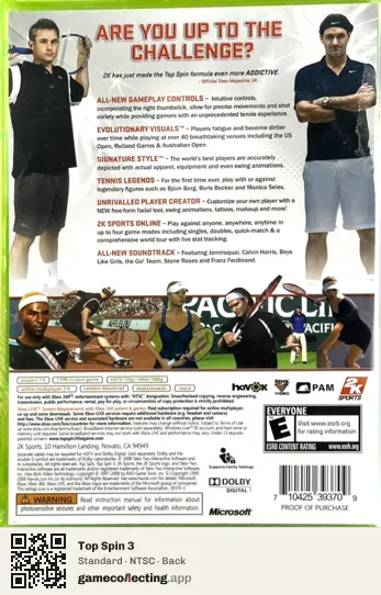 Top Spin 3 Xbox 360, NTSC box back
