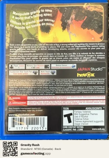 Gravity Rush PlayStation Vita, Canada box back