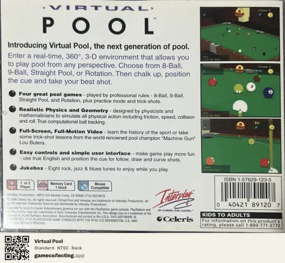 Virtual Pool PlayStation, NTSC box back