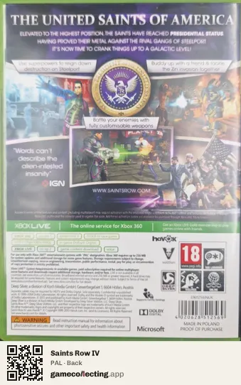 Saints Row IV Xbox 360, PAL box back