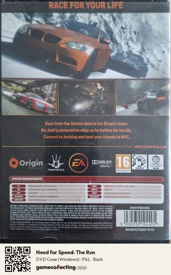 Need for Speed: The Run Computer, PAL box back