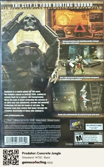 Predator: Concrete Jungle PlayStation 2, NTSC box back