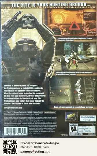 Predator: Concrete Jungle PlayStation 2, NTSC box back