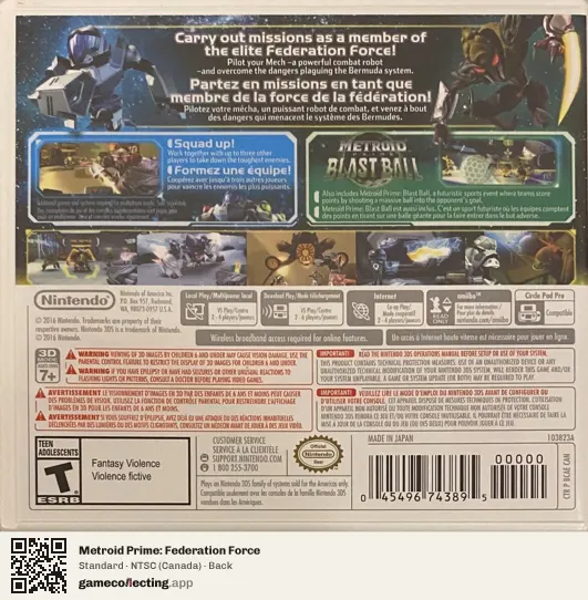 Metroid Prime: Federation Force Nintendo 3DS, Canada box back