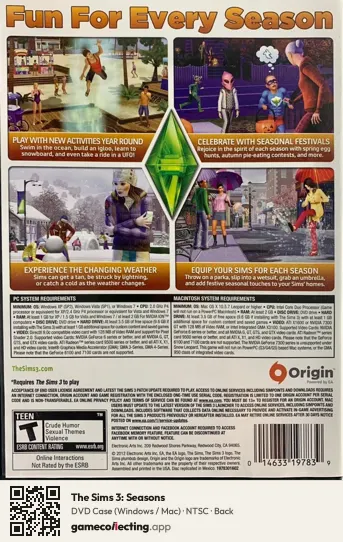 The Sims 3: Seasons Computer, NTSC box back