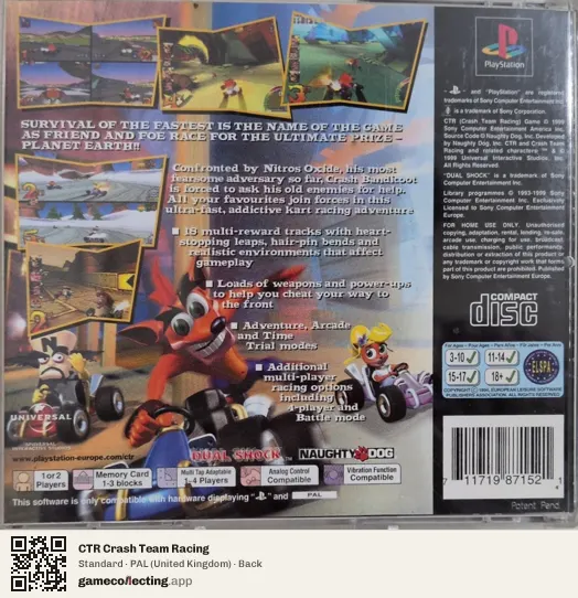 CTR Crash Team Racing PlayStation, United Kingdom box back