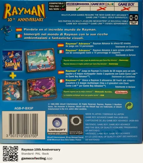 Rayman 10th Anniversary Game Boy Advance, PAL box back