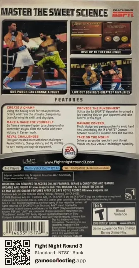 Fight Night Round 3 PlayStation Portable, NTSC box back