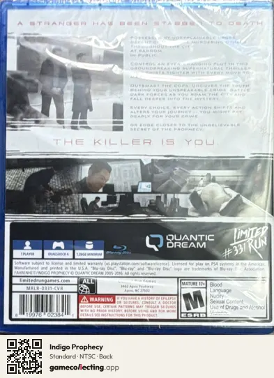 Indigo Prophecy PlayStation 4, NTSC box back