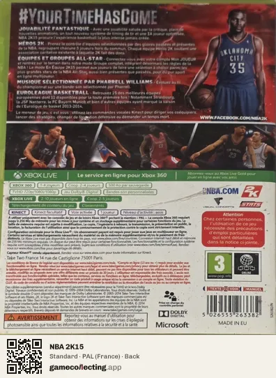 NBA 2K15 Xbox 360, France box back