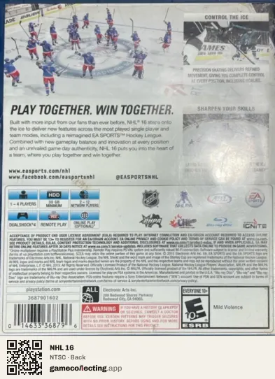 NHL 16 PlayStation 4, NTSC box back