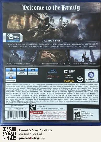 Assassin's Creed Syndicate PlayStation 4, NTSC box back
