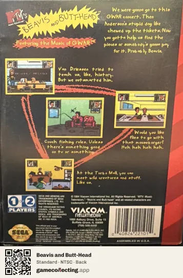 Beavis and Butt-Head Sega Mega Drive / Genesis, NTSC box back