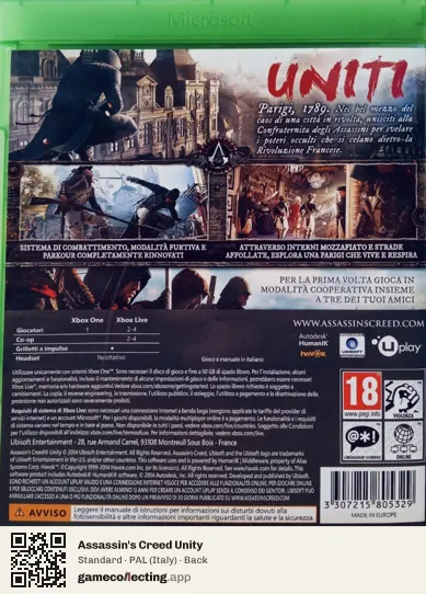 Assassin's Creed Unity Xbox One, Italy box back