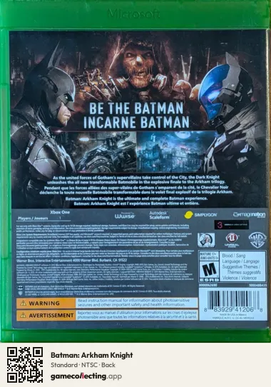 Batman: Arkham Knight Xbox One, NTSC box back