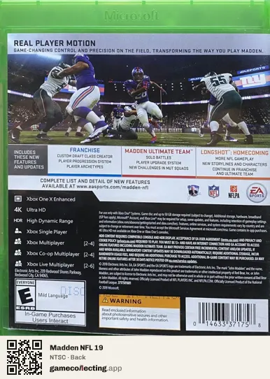 Madden NFL 19 Xbox One, NTSC box back