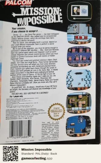 Mission: Impossible Nintendo Entertainment System, Italy box back