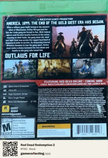Red Dead Redemption 2 Xbox One, NTSC box back