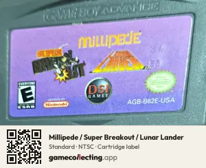 Millipede / Super Breakout / Lunar Lander Game Boy Advance, NTSC cartridge label