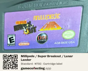 Millipede / Super Breakout / Lunar Lander Game Boy Advance, NTSC cartridge label
