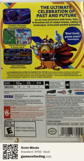 Sonic Mania Nintendo Switch, NTSC box back
