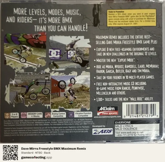 Dave Mirra Freestyle BMX Maximum Remix PlayStation, NTSC box back