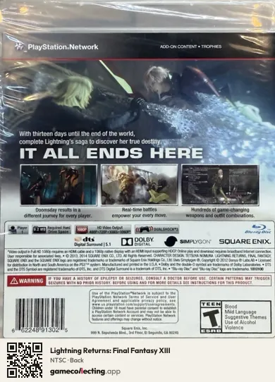 Lightning Returns: Final Fantasy XIII PlayStation 3, NTSC box back