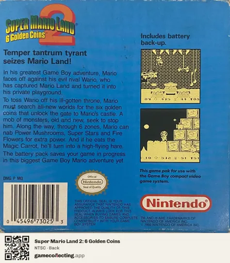 Super Mario Land 2: 6 Golden Coins Game Boy, NTSC box back