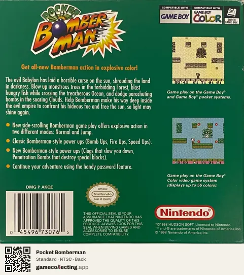 Pocket Bomberman Game Boy Color, NTSC box back