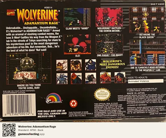 Wolverine: Adamantium Rage Super Nintendo Entertainment System, NTSC box back
