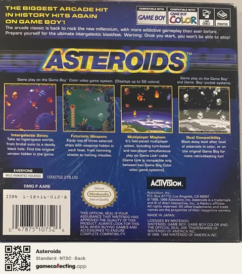 Asteroids Game Boy Color, NTSC box back