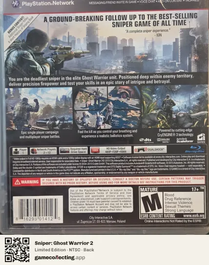 Sniper: Ghost Warrior 2 PlayStation 3, NTSC box back