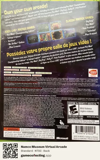 Namco Museum Virtual Arcade Xbox 360, NTSC box back