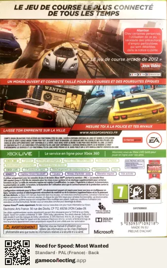 Need for Speed: Most Wanted Xbox 360, France box back