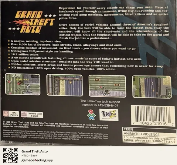 Grand Theft Auto PlayStation, NTSC box back