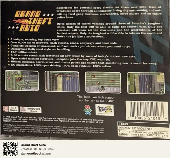 Grand Theft Auto PlayStation, NTSC box back