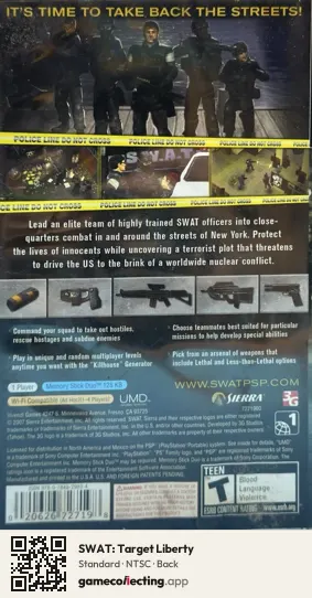 SWAT: Target Liberty PlayStation Portable, NTSC box back