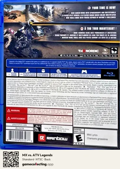 MX vs. ATV Legends PlayStation 4, NTSC box back