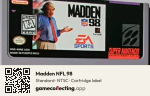 Madden NFL 98 Super Nintendo Entertainment System, NTSC cartridge label