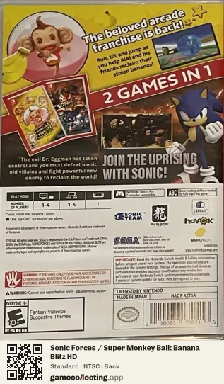 Sonic Forces / Super Monkey Ball: Banana Blitz HD Nintendo Switch, NTSC box back