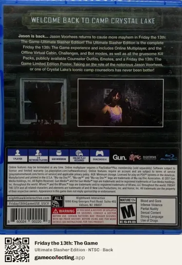 Friday the 13th: The Game PlayStation 4, NTSC box back