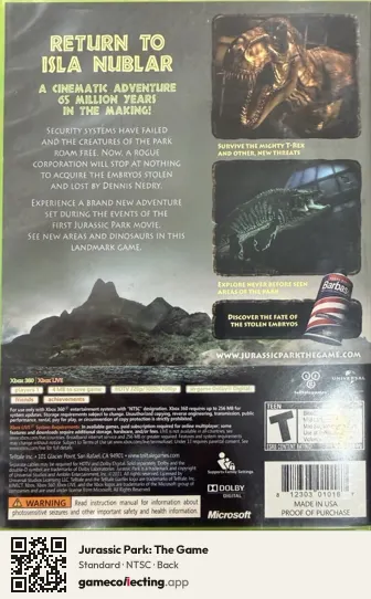Jurassic Park: The Game Xbox 360, NTSC box back
